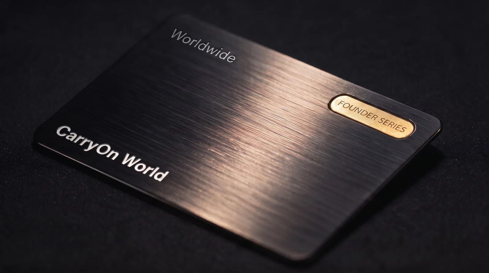 The Carryon Founder Series card — brushed black metal, engraved CarryOn World, with a gold Founder Series plate