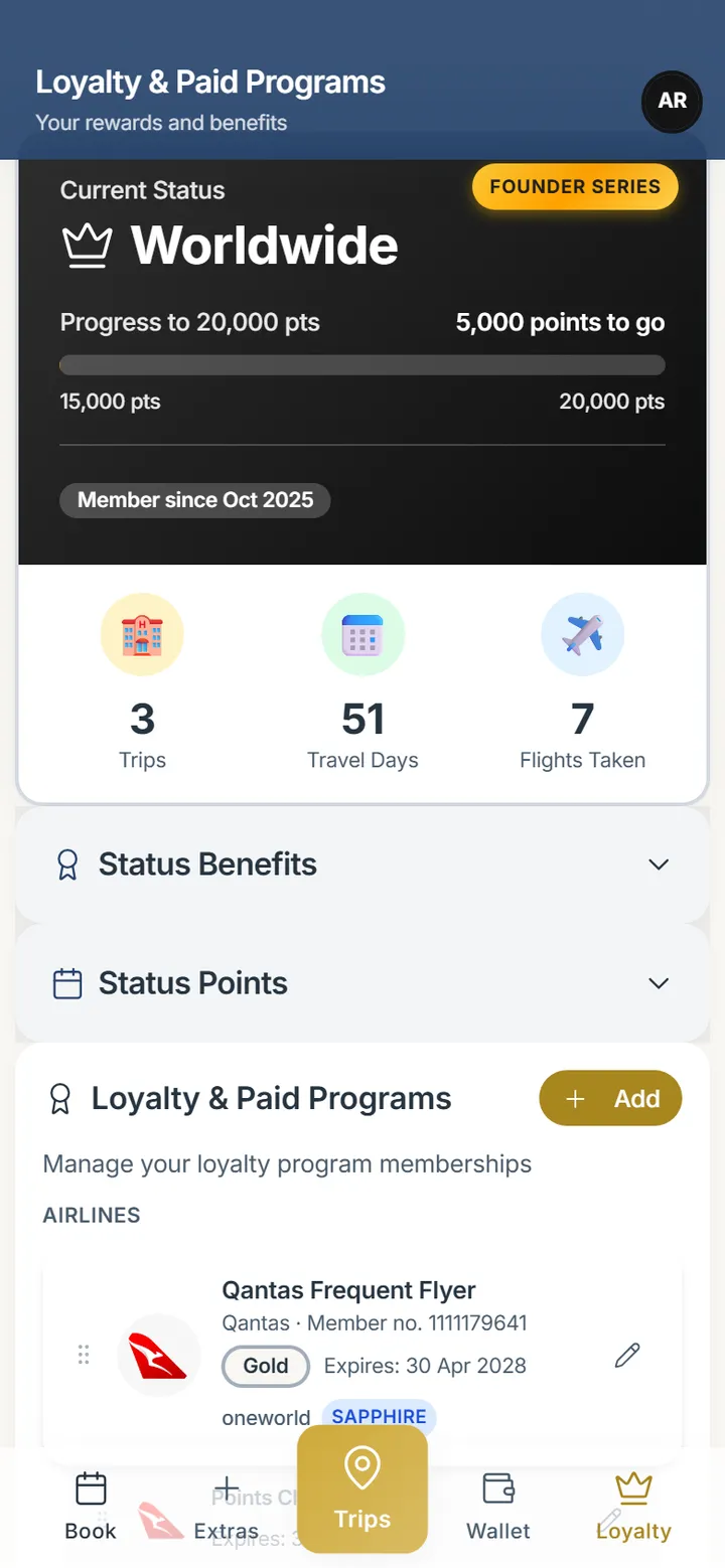 Carryon status and loyalty — Worldwide, Founder Series
